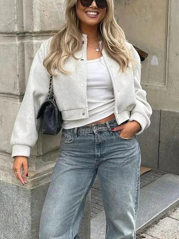 Women's Cropped Bomber Jacket Button-Front Relaxed Fit 2