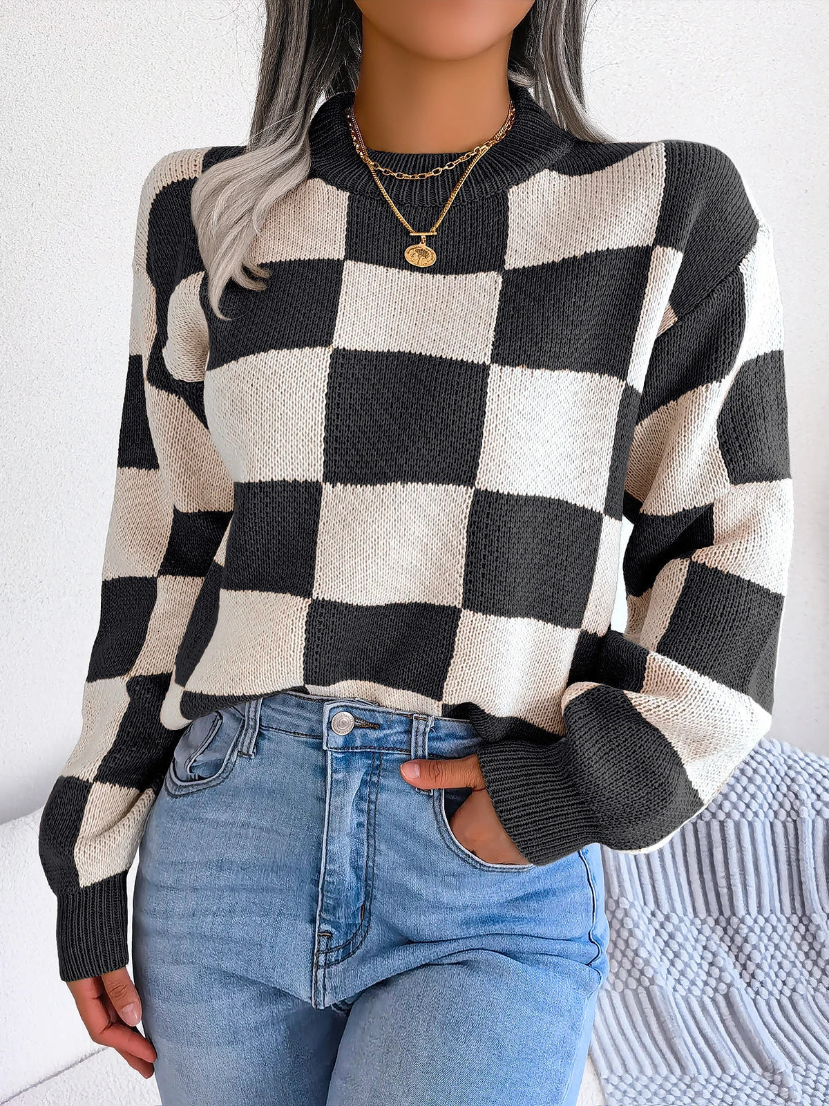 Violet Checkered Knit Sweater for Stylish Occasions