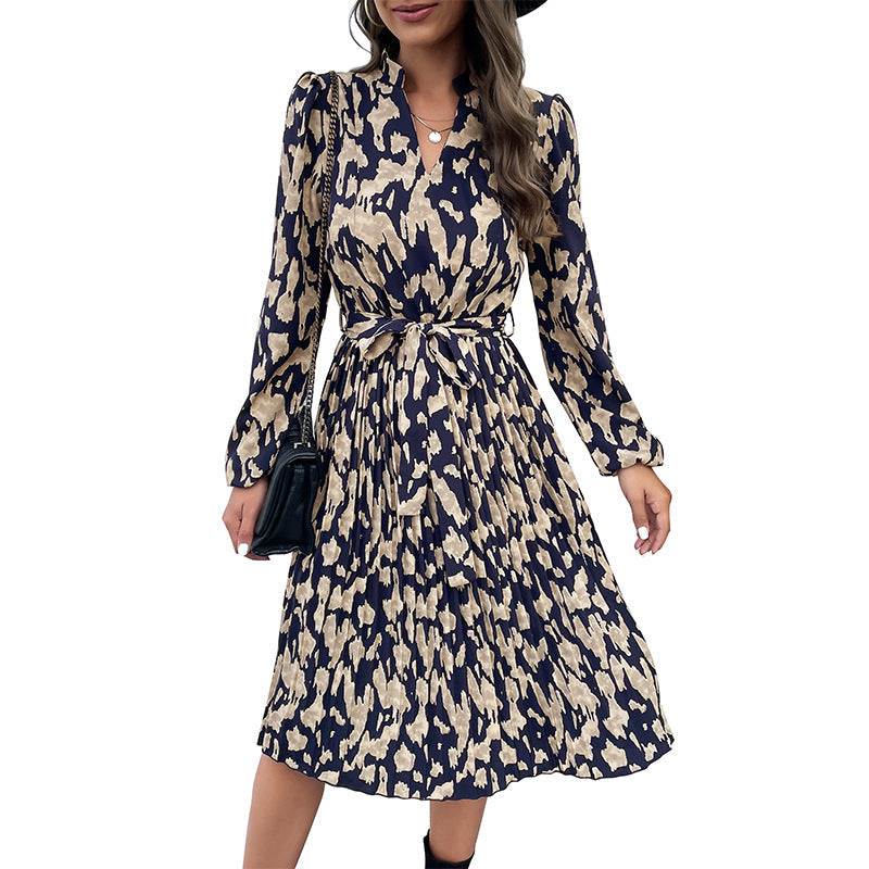 Women's A-Line Dress | Tie Belt & Long Sleeves