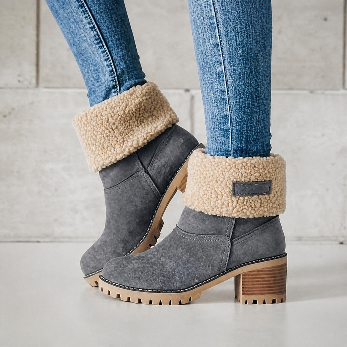 Women's Ankle Boots Block Heel Trim Pull-On Grip Sole