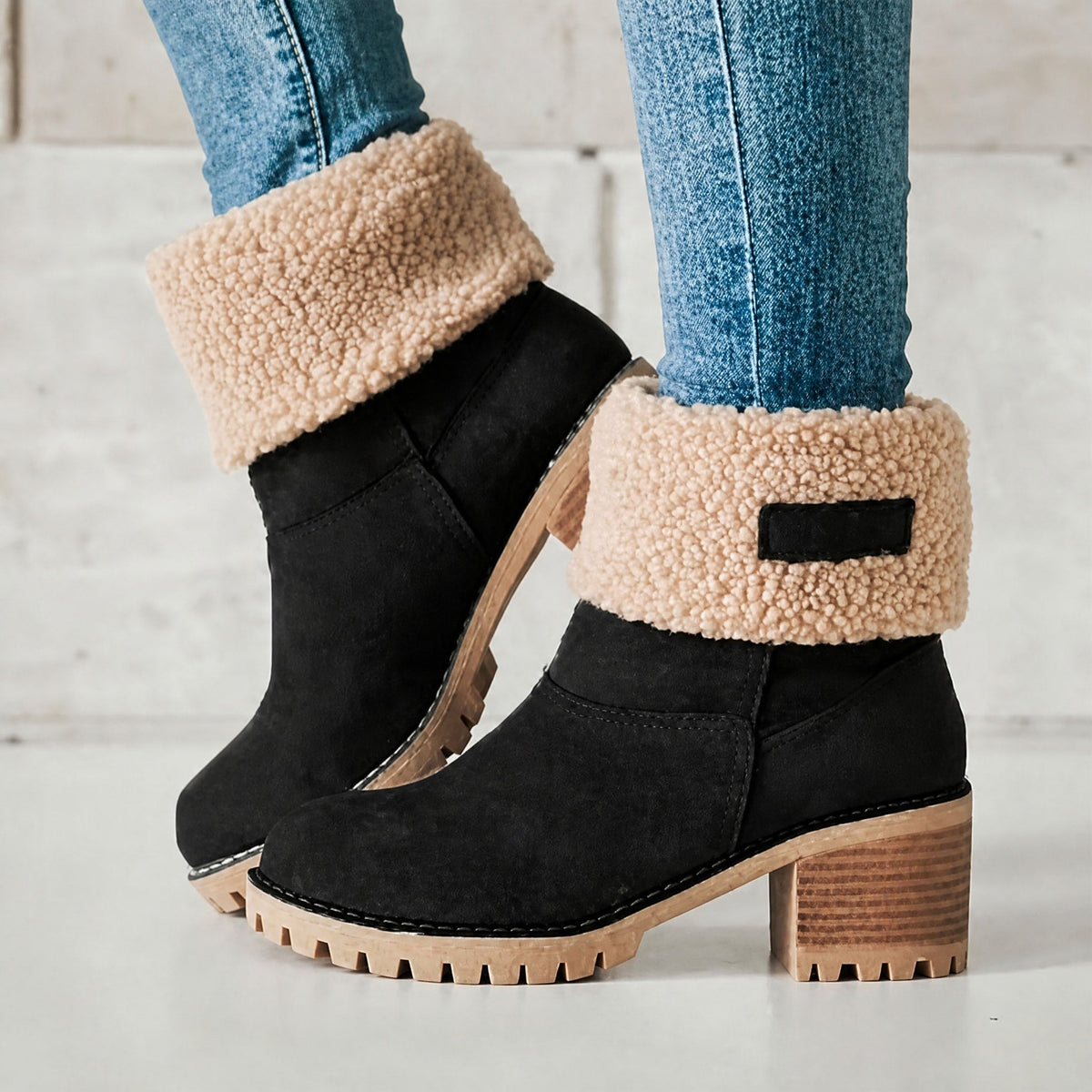 Women's Ankle Boots Block Heel Trim Pull-On Grip Sole