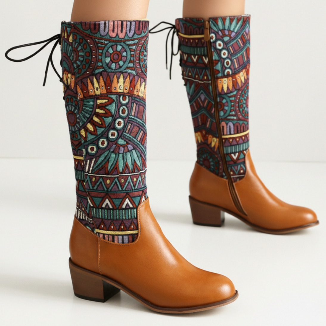 Women's Ankle Boots Bohemian Woven Shaft Almond Toe with Block Heel