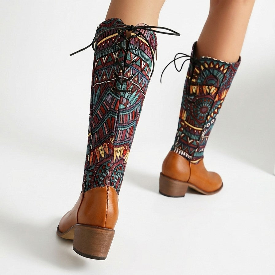 Women's Ankle Boots Bohemian Woven Shaft Almond Toe with Block Heel