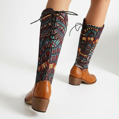 Women's Ankle Boots Bohemian Woven Shaft Almond Toe with Block Heel