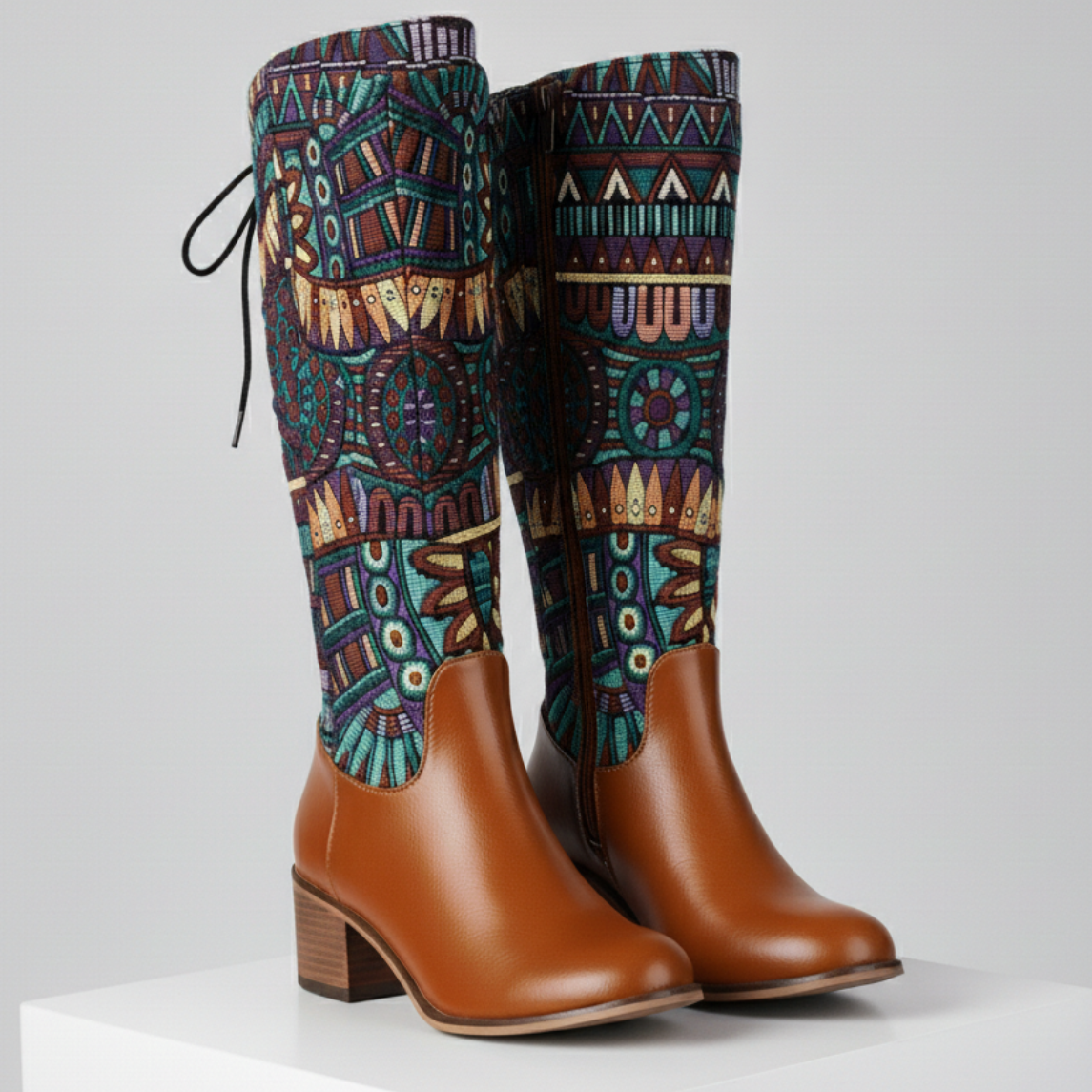 Women's Ankle Boots Bohemian Woven Shaft Almond Toe with Block Heel