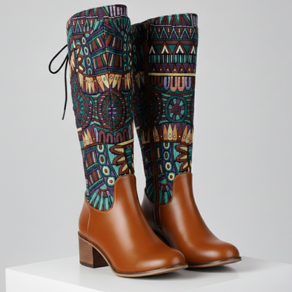 Women's Ankle Boots Bohemian Woven Shaft Almond Toe with Block Heel