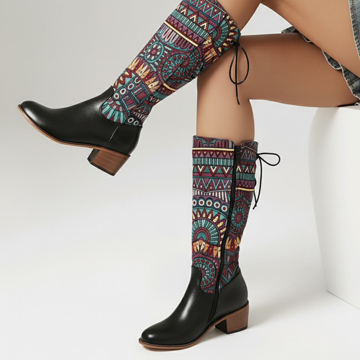 Women's Ankle Boots Bohemian Woven Shaft Almond Toe with Block Heel