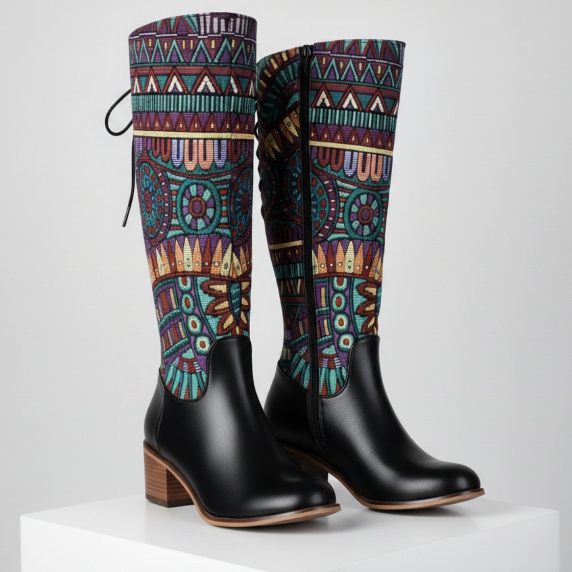Women's Ankle Boots Bohemian Woven Shaft Almond Toe with Block Heel