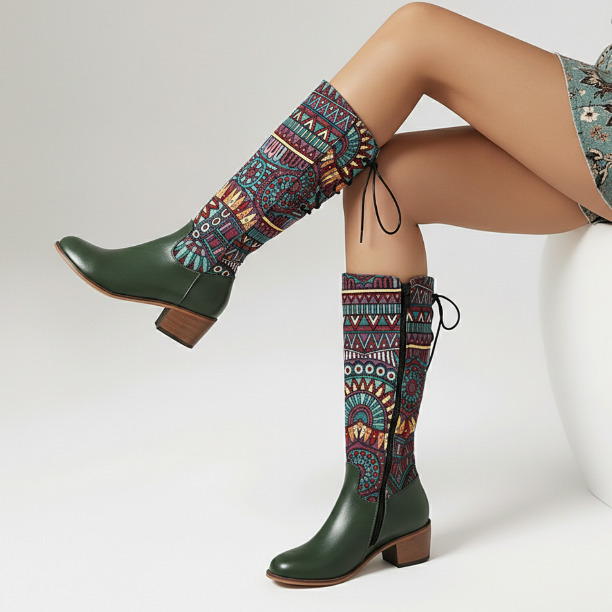 Women's Ankle Boots Bohemian Woven Shaft Almond Toe with Block Heel