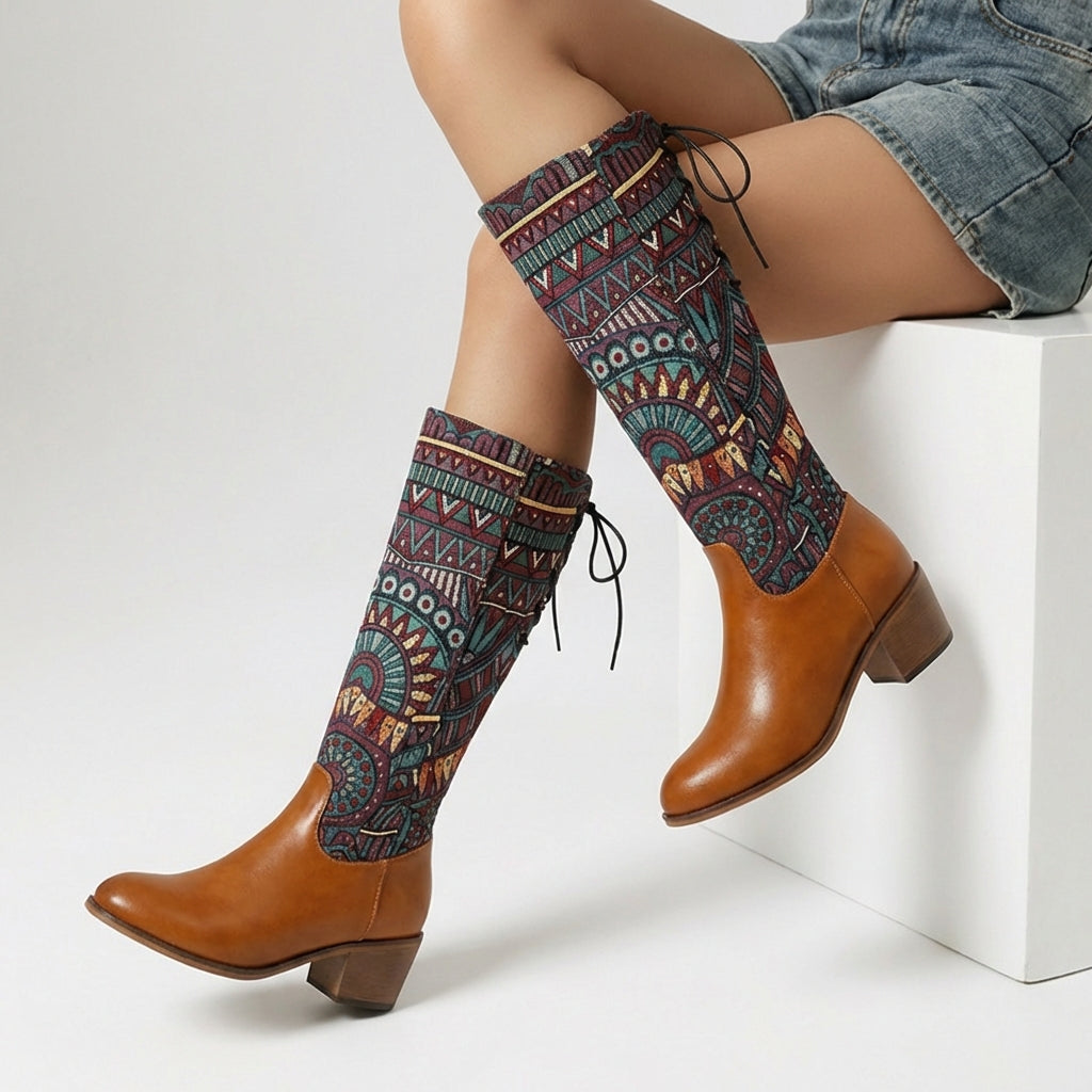 Women's Ankle Boots Bohemian Woven Shaft Almond Toe with Block Heel