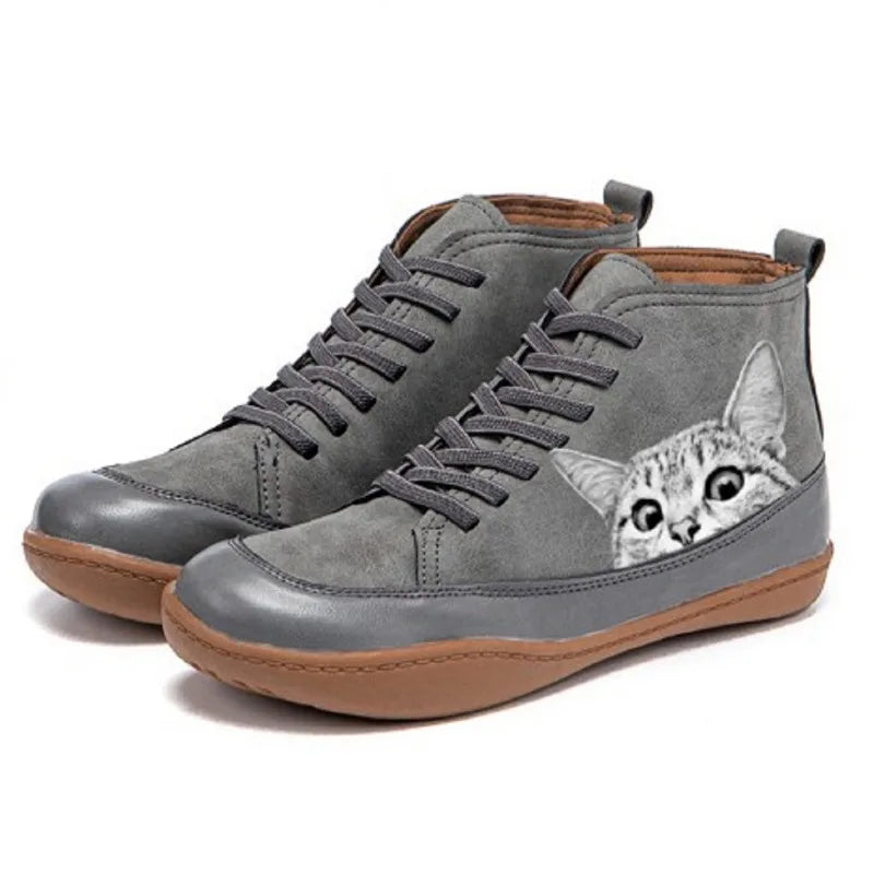 Women's Ankle Boots Cat Print Warm Lined Cushioned with Ergonomic Fit