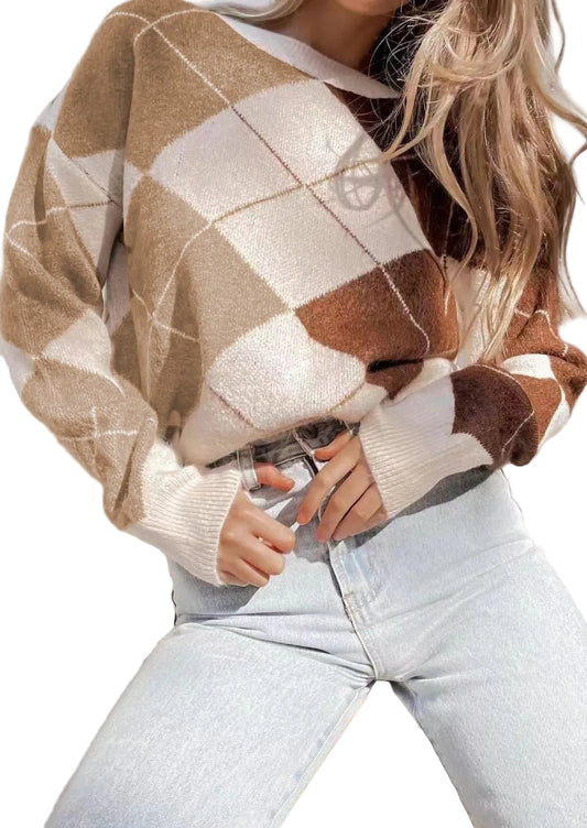 Women's Argyle Jumper | Ribbed Cuffs & Round Neck