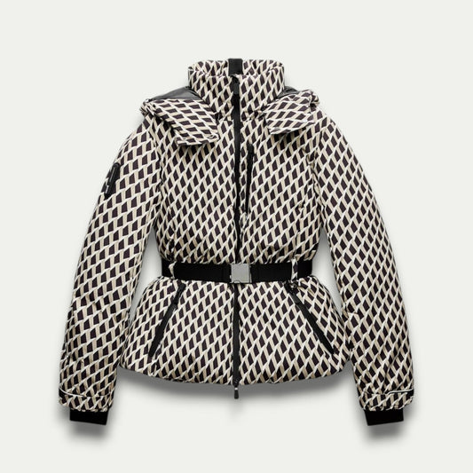 Women's Beige Patterned Puffer Jacket – Stylish Belted Insulation for Outdoor Wear
