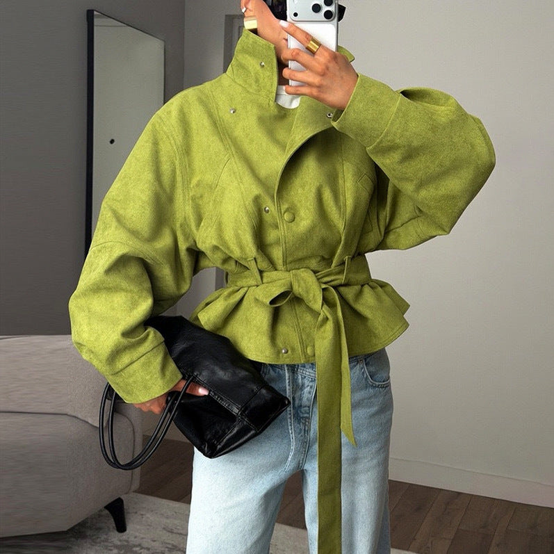 Women's Belted Jacket Stand Collar Relaxed Fit Batwing Sleeve