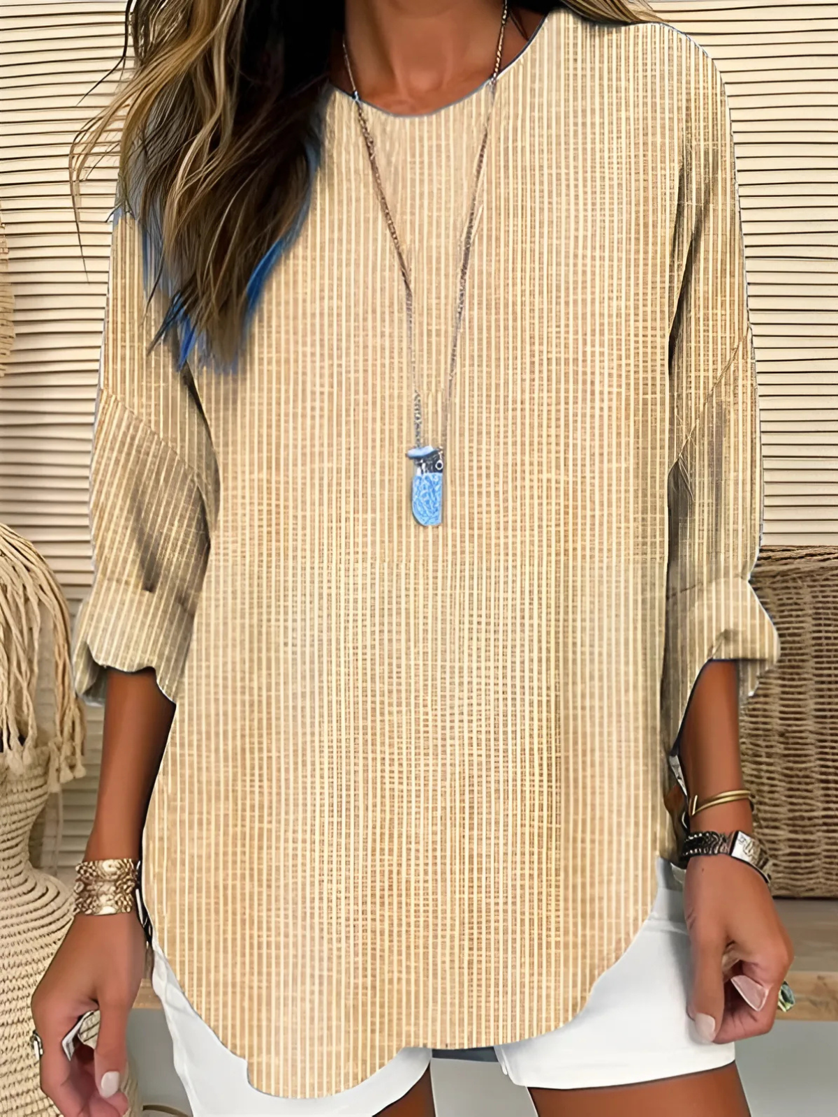 Women's Blouse | Striped Long Sleeve with Round Neck