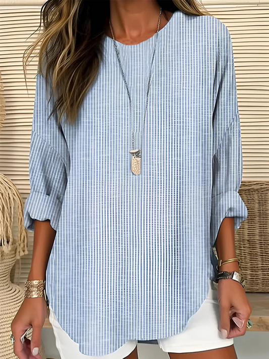 Women's Blouse | Striped Long Sleeve with Round Neck