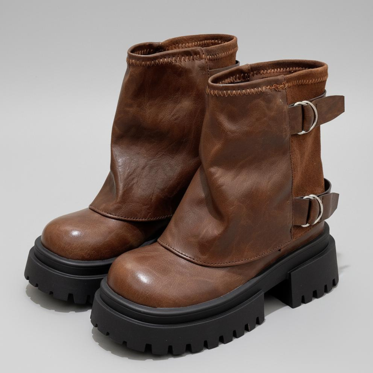 Women's Boots Chunky Lug Sole Double Buckle Straps with Adjustable Fit