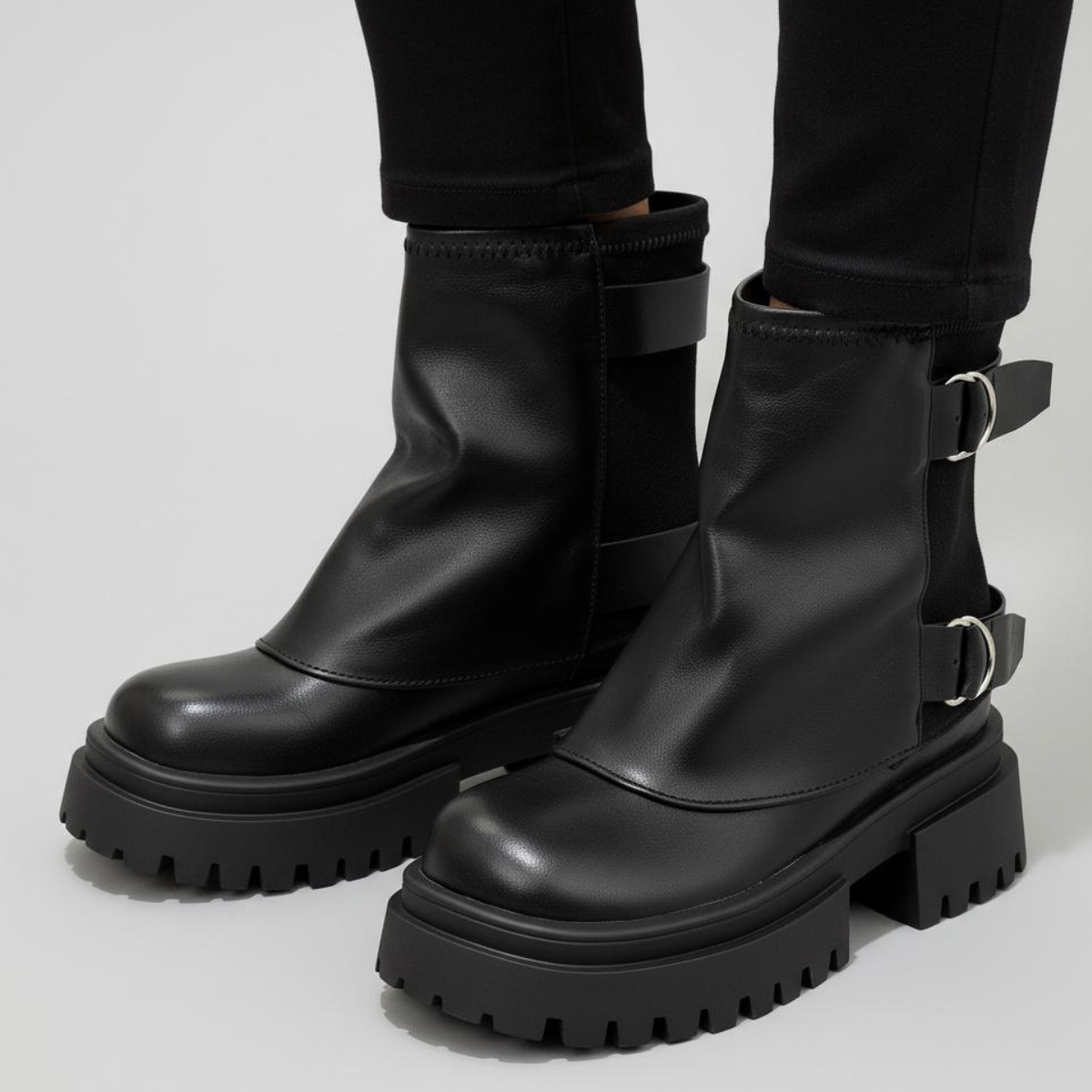 Women's Boots Chunky Lug Sole Double Buckle Straps with Adjustable Fit