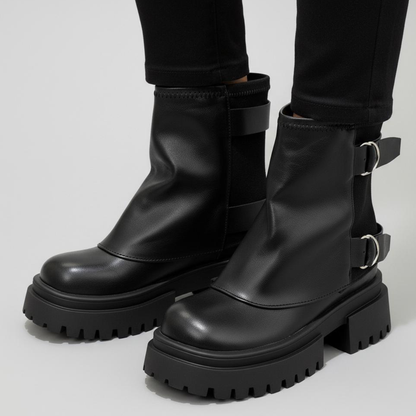 Women's Boots Chunky Lug Sole Double Buckle Straps with Adjustable Fit