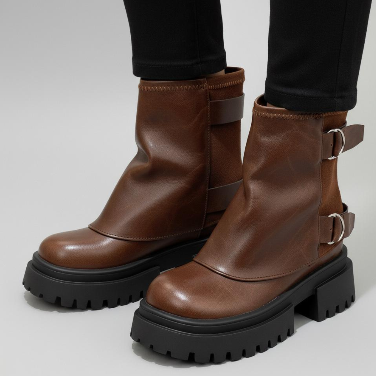 Women's Boots Chunky Lug Sole Double Buckle Straps with Adjustable Fit