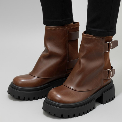 Women's Boots Chunky Lug Sole Double Buckle Straps with Adjustable Fit