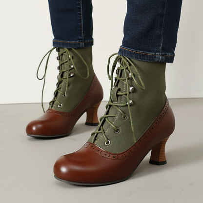 Women's Boots Lace Up Round Toe Block Heel Panelled with Cinch Front