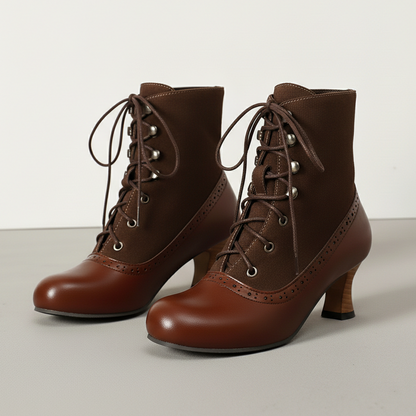 Women's Boots Lace Up Round Toe Block Heel Panelled with Cinch Front
