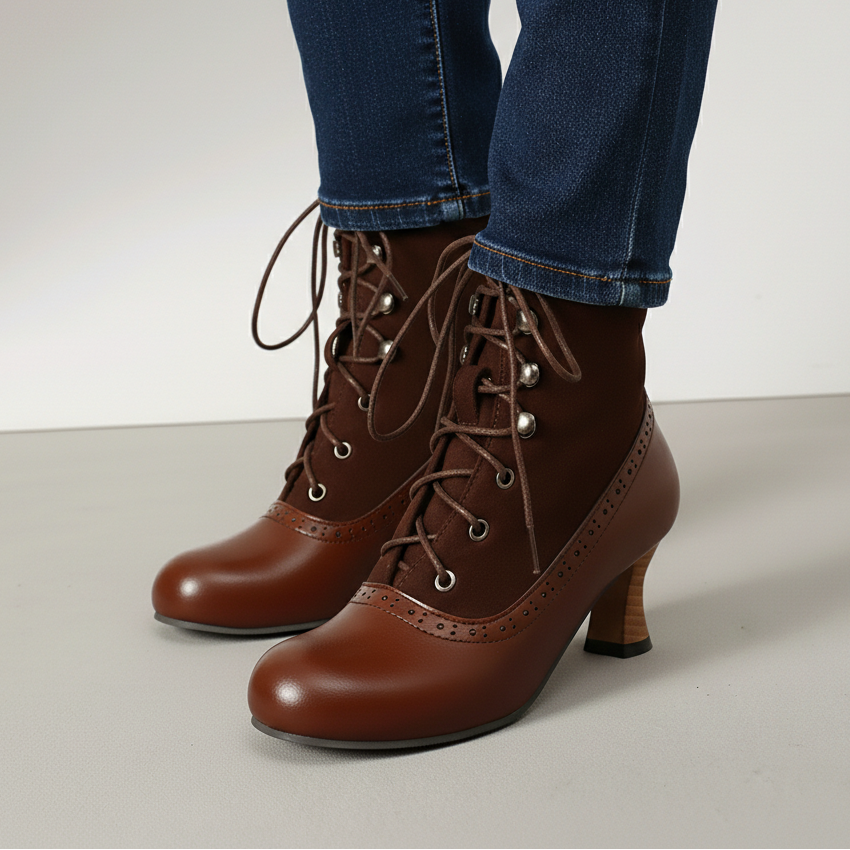Women's Boots Lace Up Round Toe Block Heel Panelled with Cinch Front