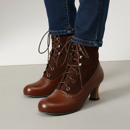 Women's Boots Lace Up Round Toe Block Heel Panelled with Cinch Front