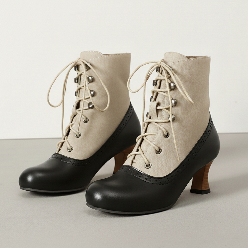 Women's Boots Lace Up Round Toe Block Heel Panelled with Cinch Front