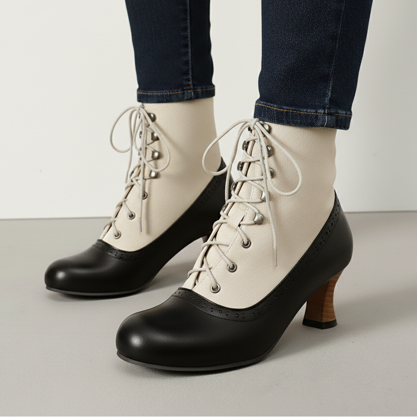 Women's Boots Lace Up Round Toe Block Heel Panelled with Cinch Front