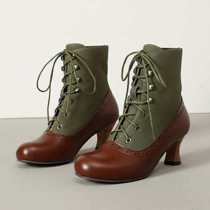 Women's Boots Lace Up Round Toe Block Heel Panelled with Cinch Front