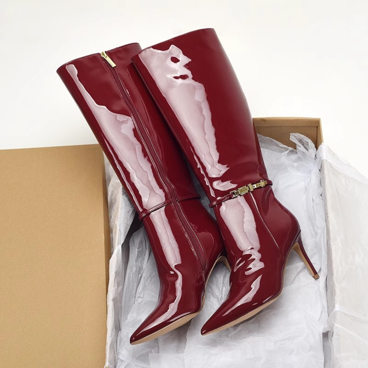 Women's Boots Pointed Toe Slim Stiletto Heel Glossy with Buckle Strap