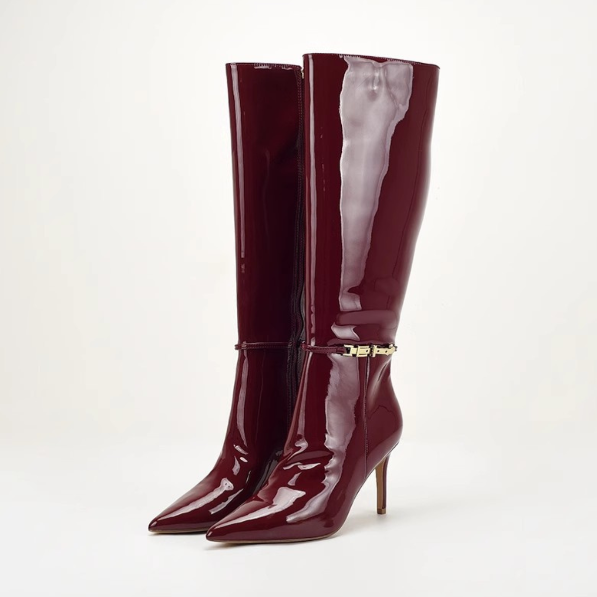 Women's Boots Pointed Toe Slim Stiletto Heel Glossy with Buckle Strap