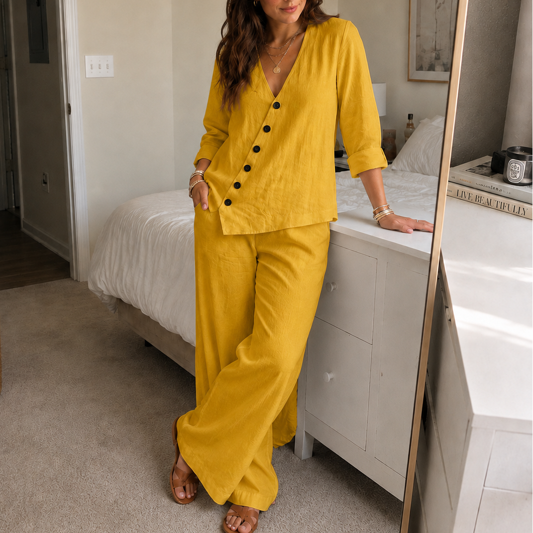 Women's Button Top & Wide Leg Trouser Set | Matching Two-Piece & All-Day Comfort