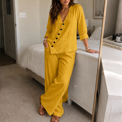 Women's Button Top & Wide Leg Trouser Set | Matching Two-Piece & All-Day Comfort