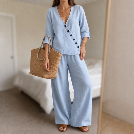 Women's Button Top & Wide Leg Trouser Set | Matching Two-Piece & All-Day Comfort