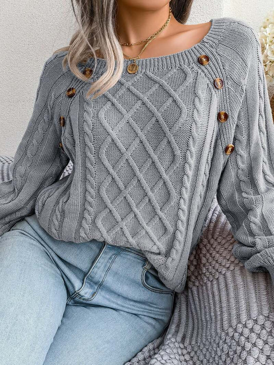 Women's Cable Knit Sweater Square Neck Button Detail