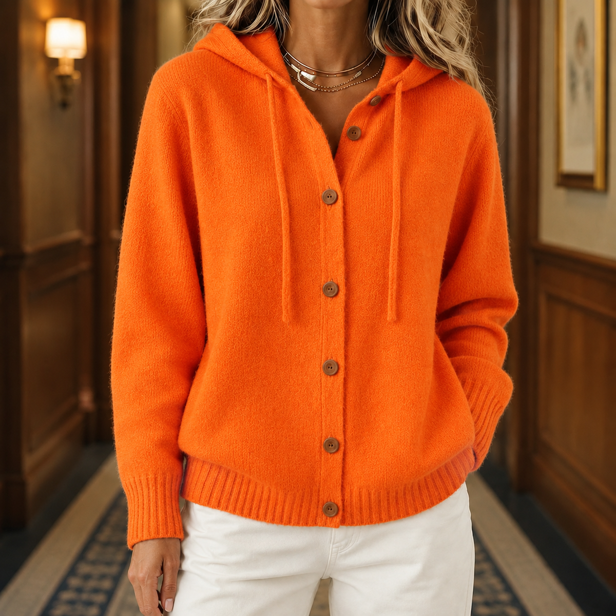 Women's Cardigan Hooded Relaxed Fit Seven Button with Ribbed Cuffs