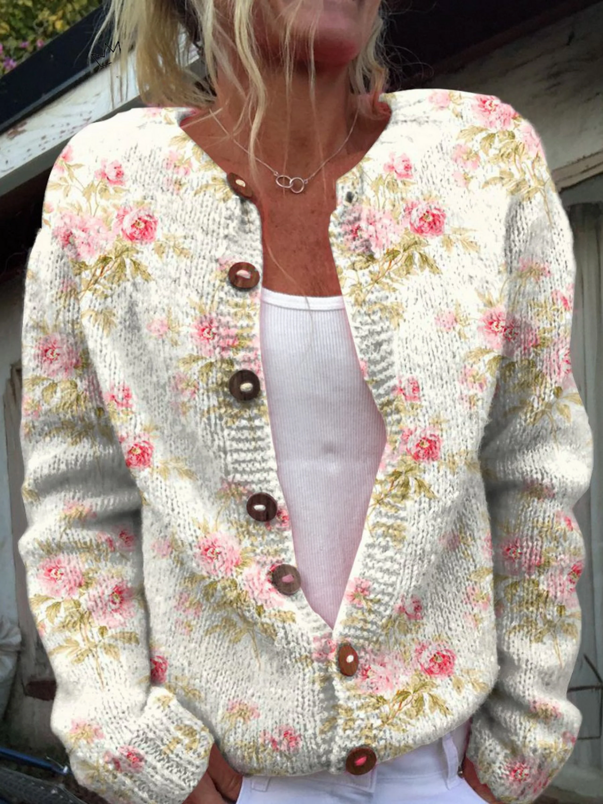 Women's Cardigan Sweater Floral Knit Button Placket with Leaf Pattern