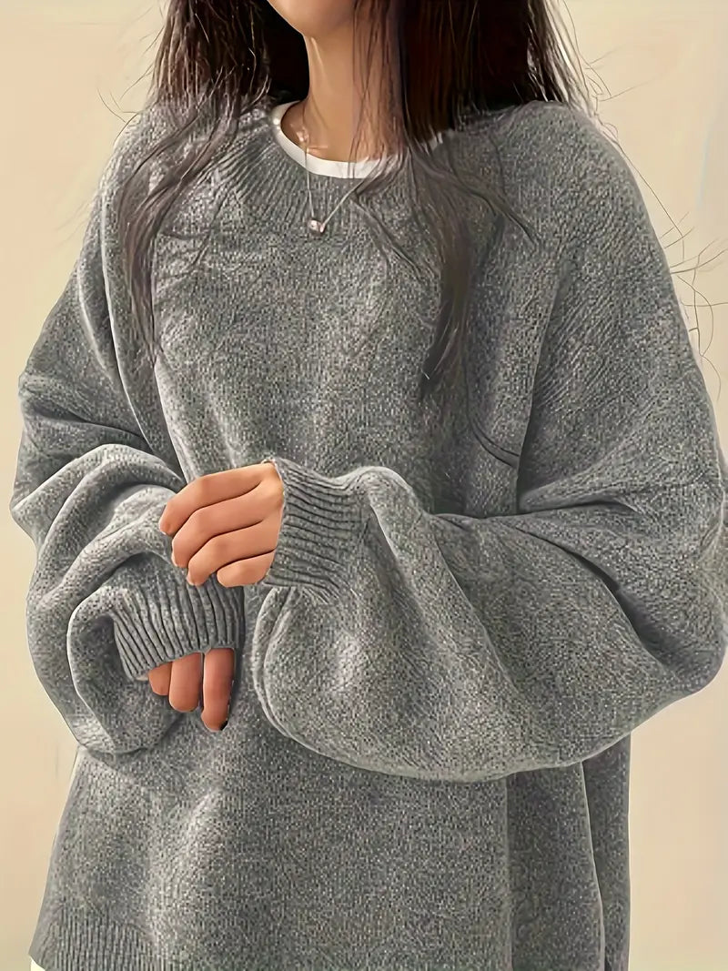 Women's Cozy Lantern Sleeve Knit Sweater - Chic Round Neck Design