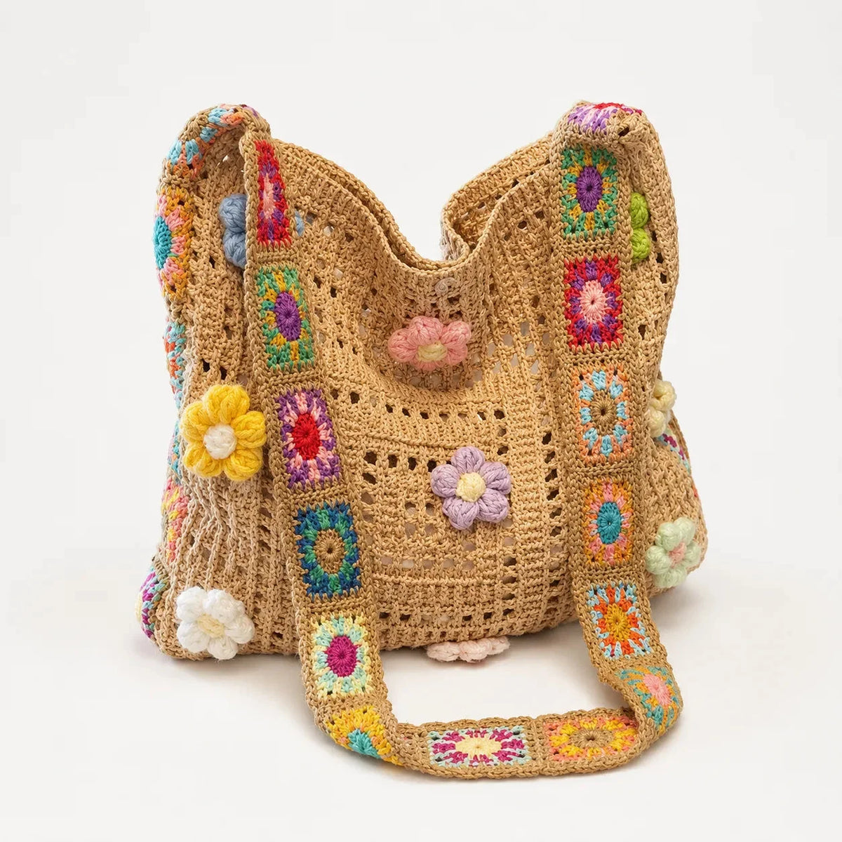 Women's Crochet Shoulder Bag | Floral 3D Detail & Roomy Design
