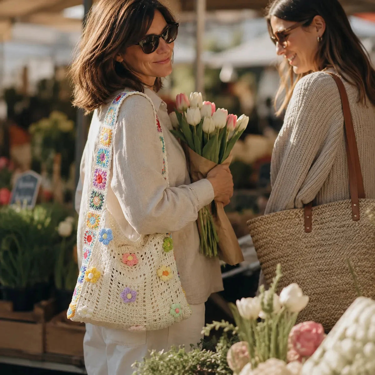 Women's Crochet Shoulder Bag | Floral 3D Detail & Roomy Design