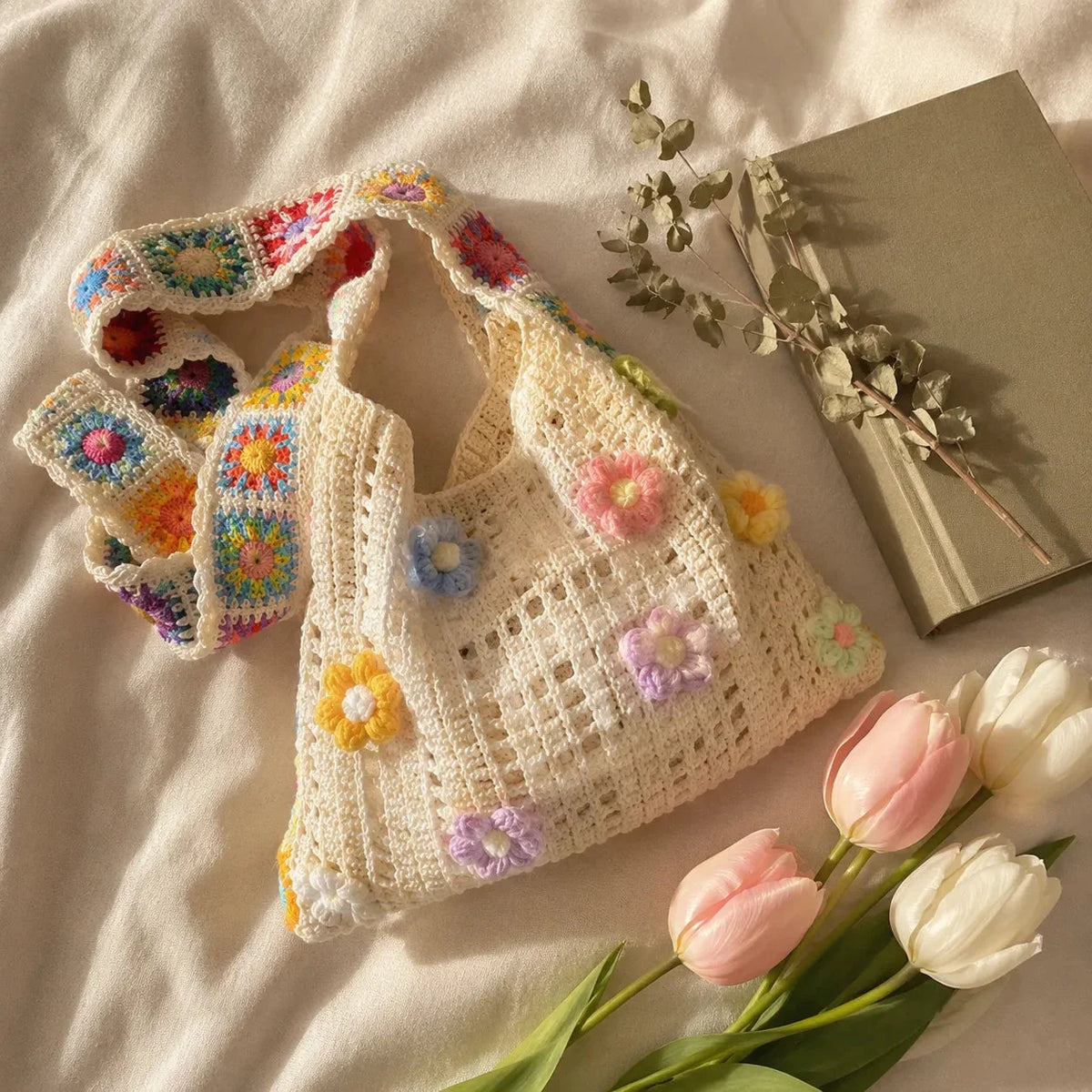 Women's Crochet Shoulder Bag | Floral 3D Detail & Roomy Design