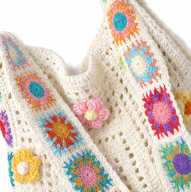 Women's Crochet Shoulder Bag | Floral 3D Detail & Roomy Design