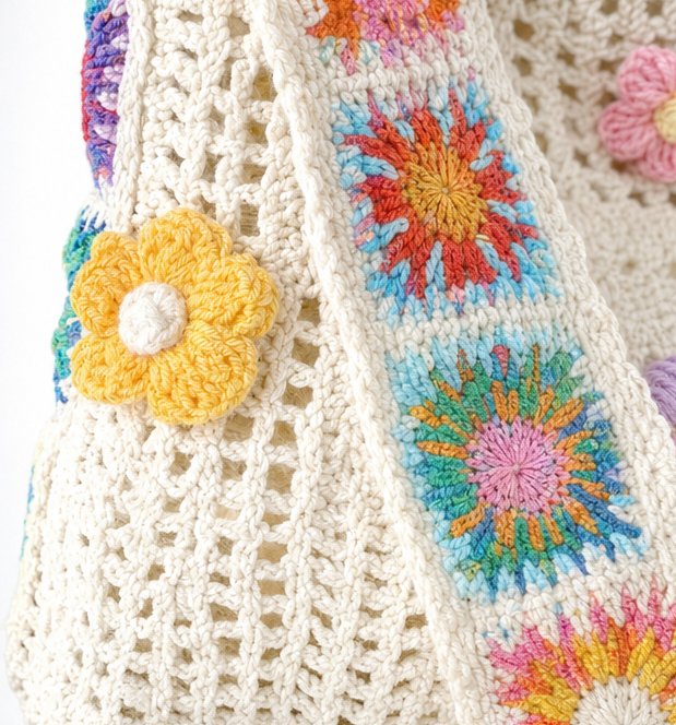 Women's Crochet Shoulder Bag | Floral 3D Detail & Roomy Design