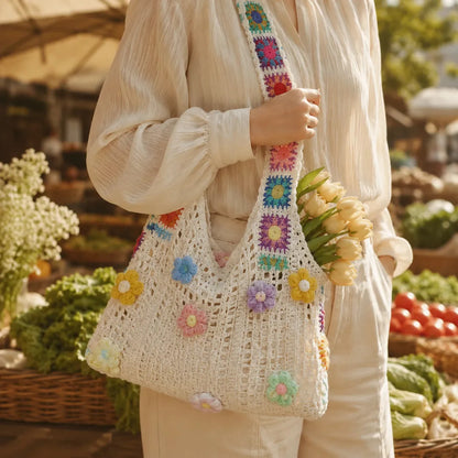 Women's Crochet Shoulder Bag | Floral 3D Detail & Roomy Design