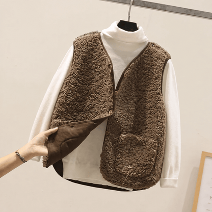 Women's Cropped Gilet Collarless V Neck Boxy Fit with Patch Pockets