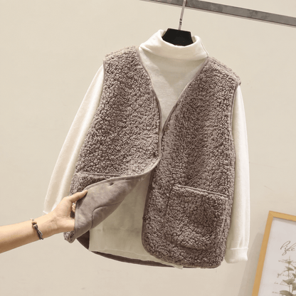 Women's Cropped Gilet Collarless V Neck Boxy Fit with Patch Pockets