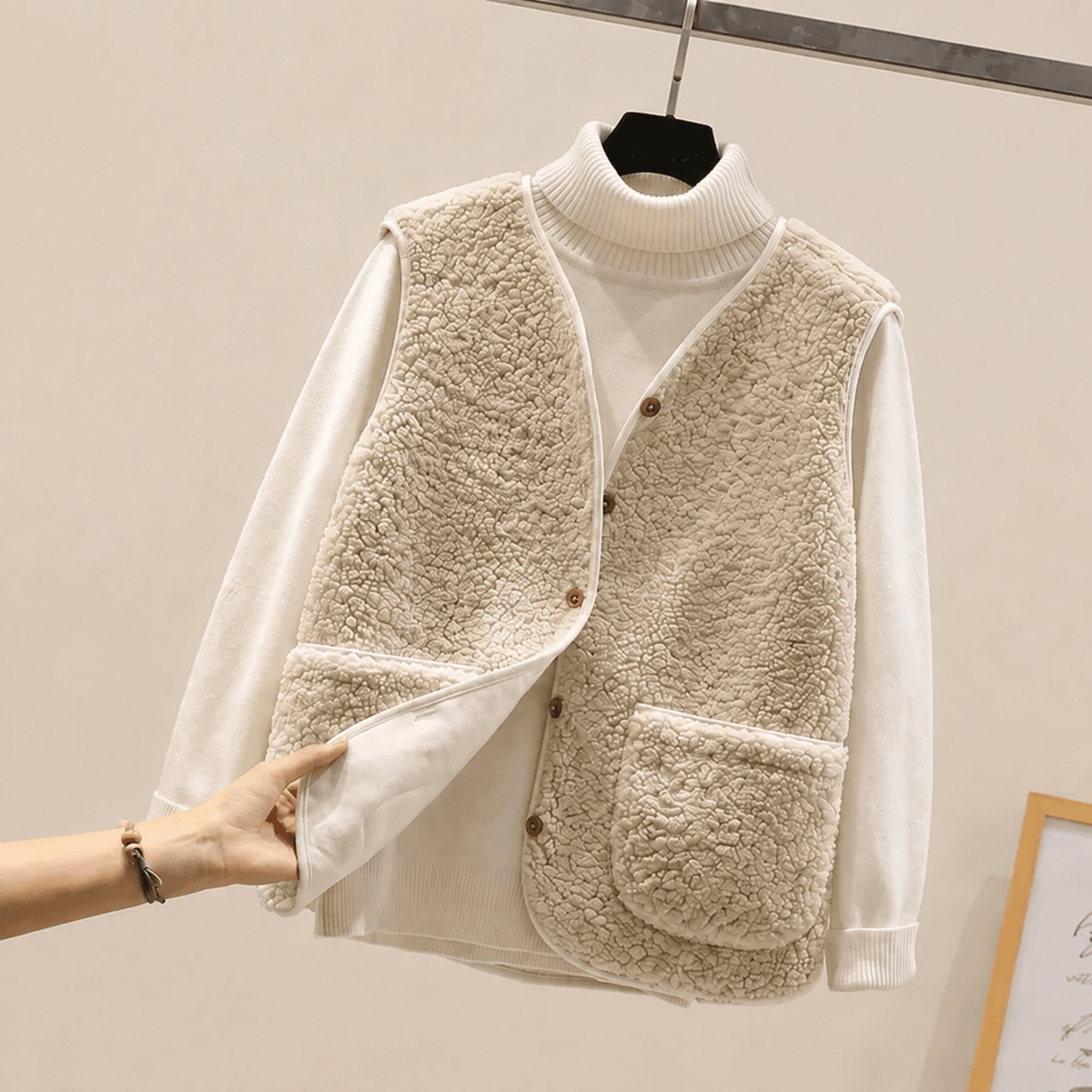Women's Cropped Gilet Collarless V Neck Boxy Fit with Patch Pockets